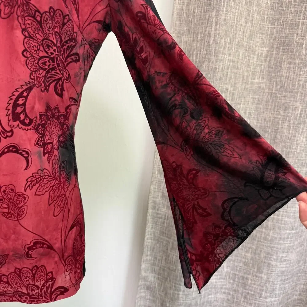 Sami & Jo Y2K Burnout Velvet Top S Red Black Fairy Grunge Flare Sleeve Beaded